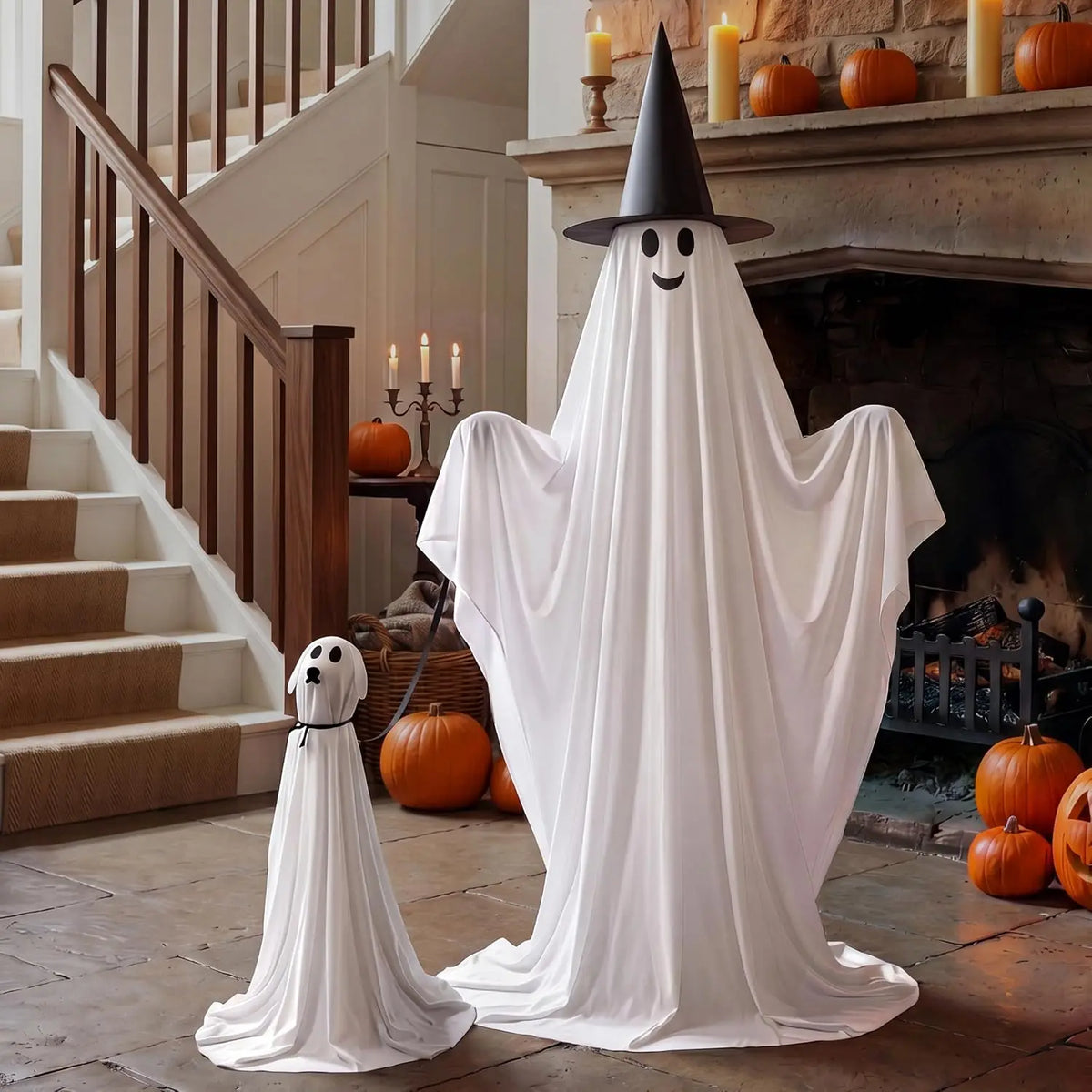 2Pcs Outdoor Halloween Decorations 55" Standing Ghost and 23" Dog Ghost Cute Set with Warm White LED Lights 8 Lightng Modes & Timer for Yard Lawn Party Favors and Halloween Decor Outside Indoor