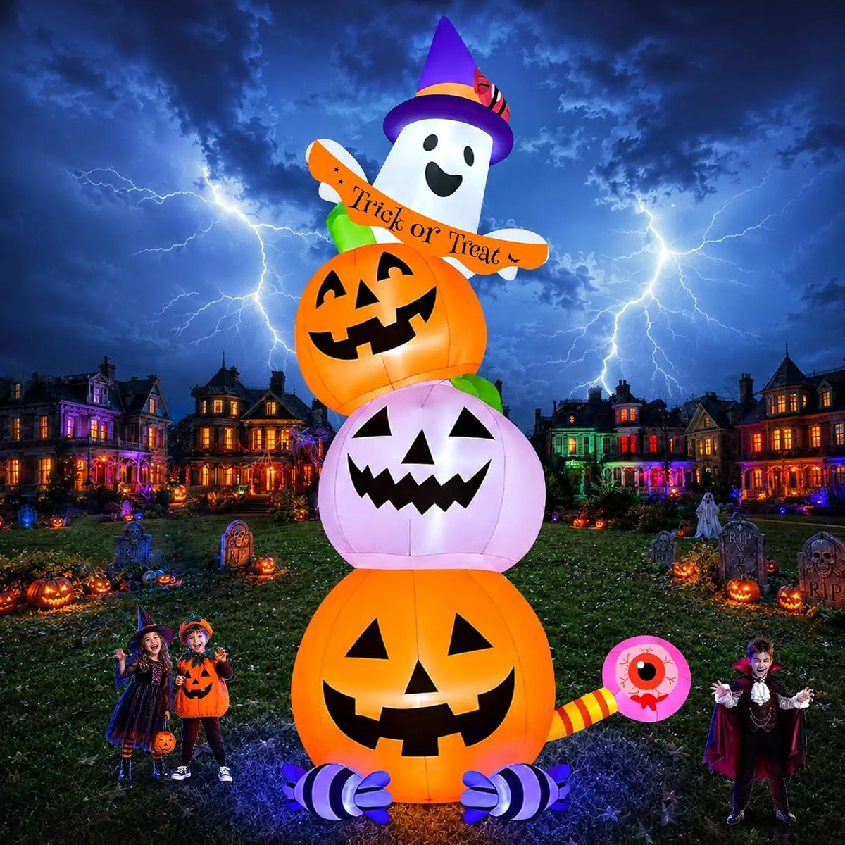 Halloween Inflatable Pumpkin Ghost, 20-Foot Tall Giant Blow-Up Yard Decoration with Built-In Lights for Garden, Lawn, Indoor & Outdoor Use