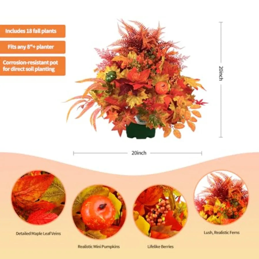 Outdoor autumn decor: artificial pumpkin and maple leaf potted plants, 20-inch fall flowers in orange and red, weather-resistan