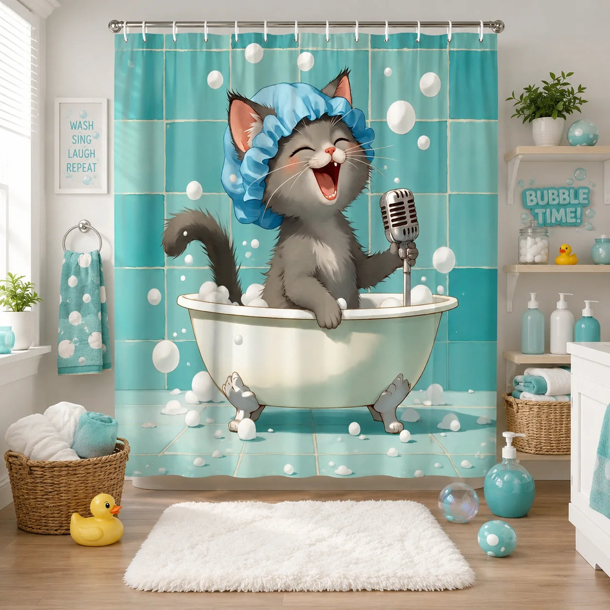 2D Flat, 2D Flat, 2D Flat Shower Curtain 1pc, Mcca Cute Cat Singing Shower Curtain, Polyester Comfortable Fabric, Multi-Size Selection, Special Boutique Hotel, Creating a Dreamy Healing Atmosphere, Creating a Natural Healing