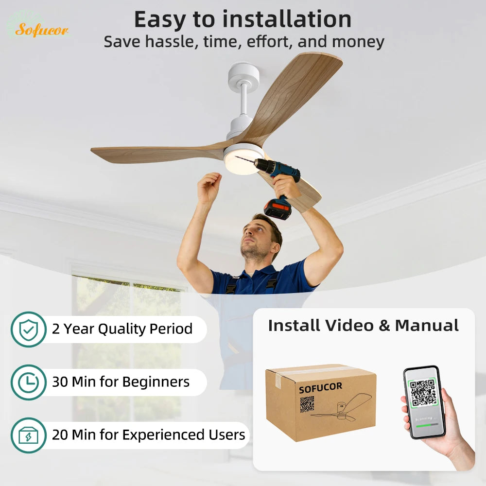 Sofucor 52-Inch 3 Blade Ceiling Fan With LED DC 6-Speed High Wind Speed With Remote Control for rooms