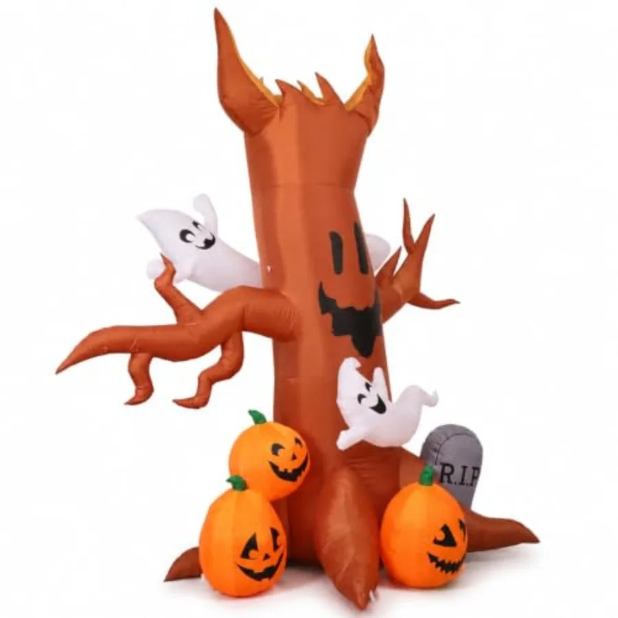 8FT Halloween inflatable ghost tree decoration with pumpkins and tombstone for outdoor lawn garden use, polyester material, whi