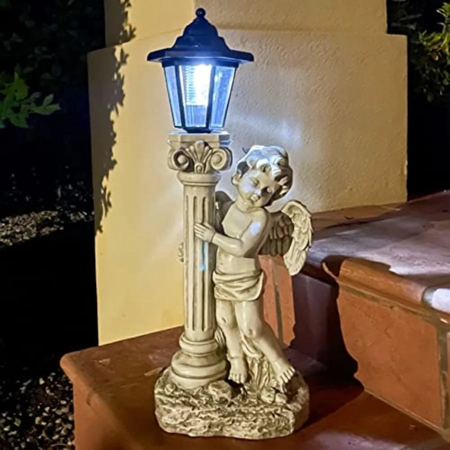 Statue with Solar Lights 19.7 Inch, Outdoor Solar Angel Garden Statue with Roma Pillar for Garden Lawn Deocr, Christian Religio