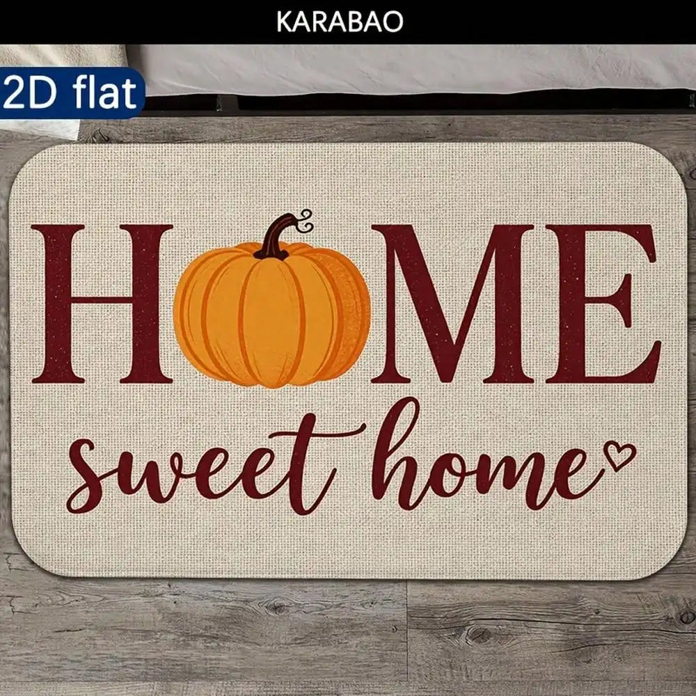 2D Flat, 1pc Autumn Pumpkin Theme "HOME Sweet Home" Cozy Doormat, Beige Fabric With Orange Pumpkins And Burgundy Lettering, Suitable For Doorway Decoration