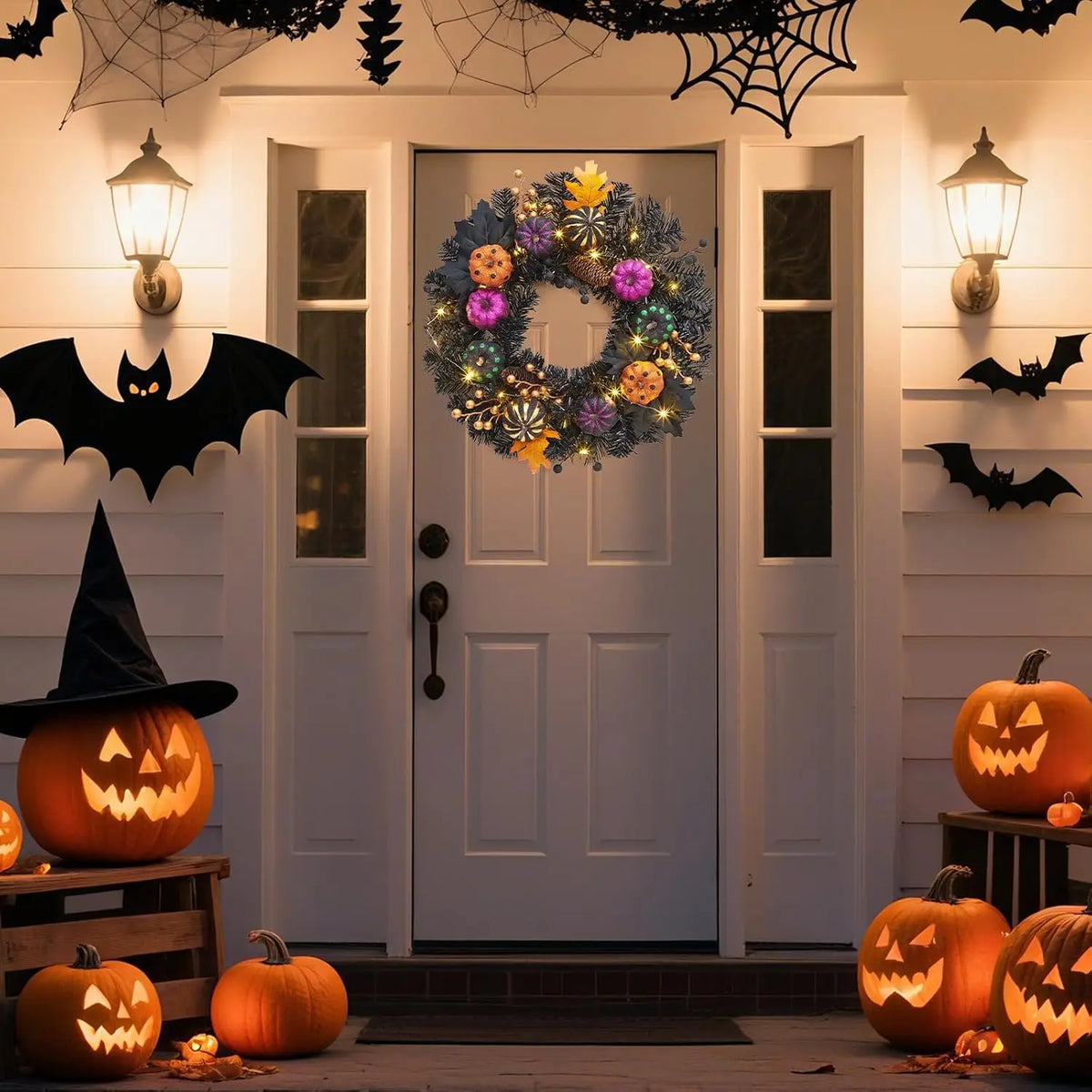Tacleekii Halloween Pumpkin Wreath 20 Inch Pre Lit Wreath with LED Lights Maple Leaves and Berries Halloween Front Door Hanging Decor