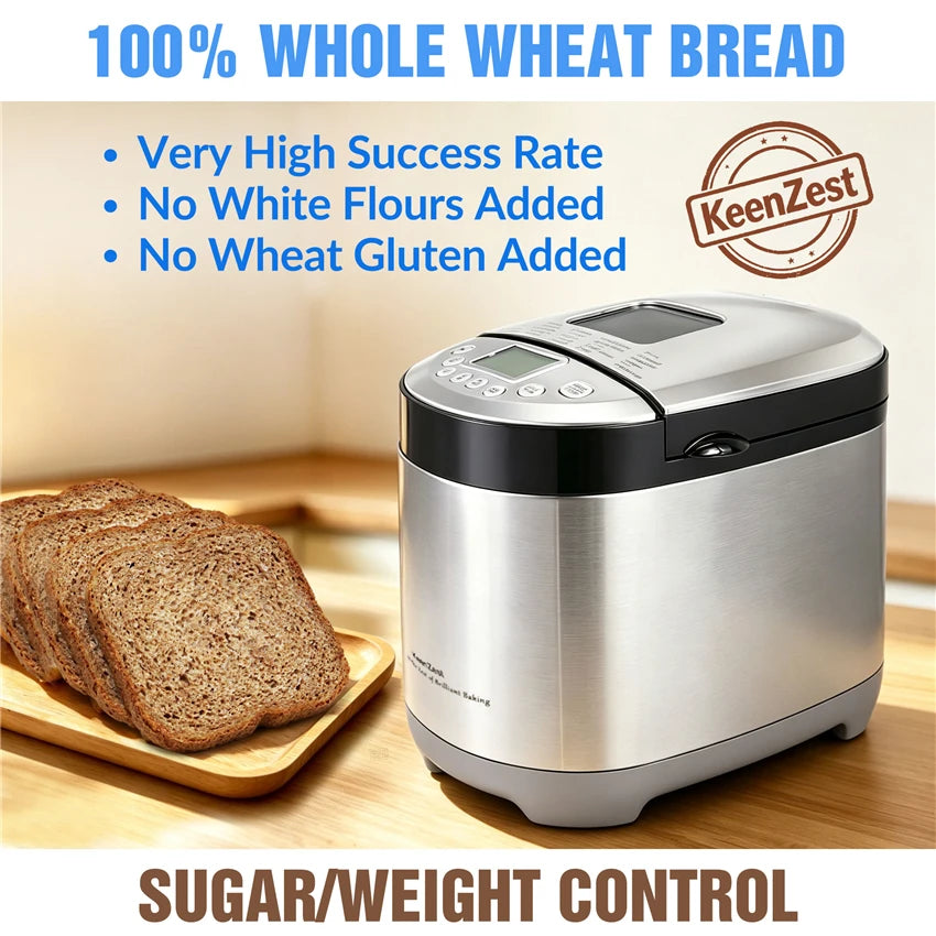 KeenZest 27-in-1 Smart Bread Maker with Gluten Free Setting 2LB Whole Wheat Bread Machine with Homemade Cycle Recipes Included
