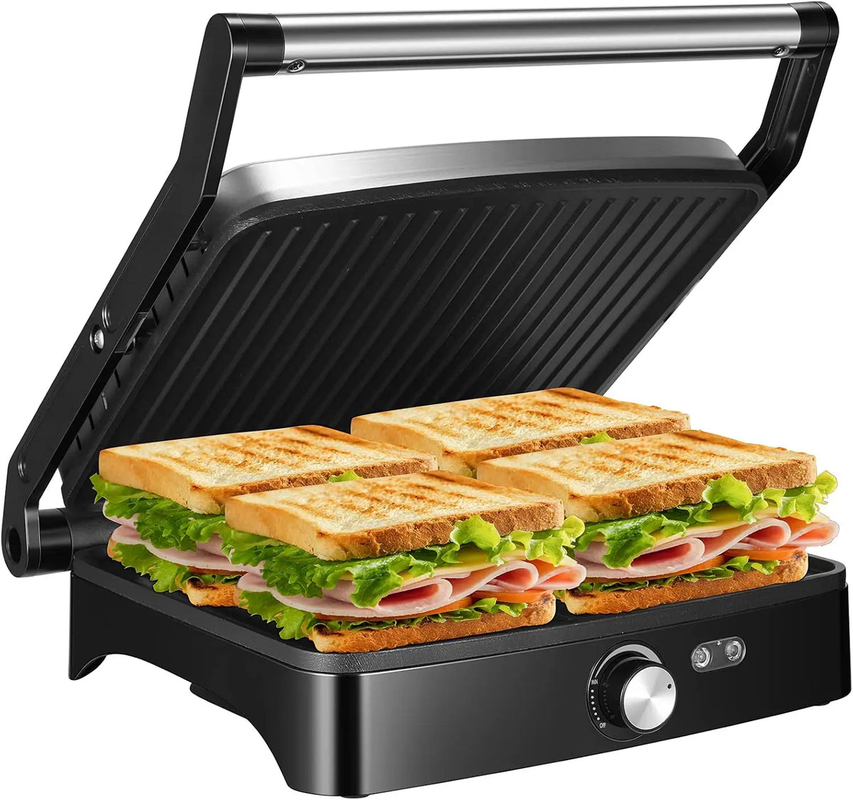 1200W Panini Press Grill with Adjustable Temperature, 4-Slice Indoor Grill, 180° Open Sandwich Maker with Drip Tray