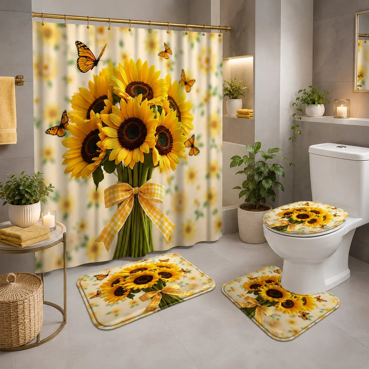 4pcs Sunflower And Butterfly Printed Shower Curtain Set - High-Quality Shower Curtain with 12 Hooks, Non-Slip, Toilet And U-Shaped - Modern Decorative Bathroom