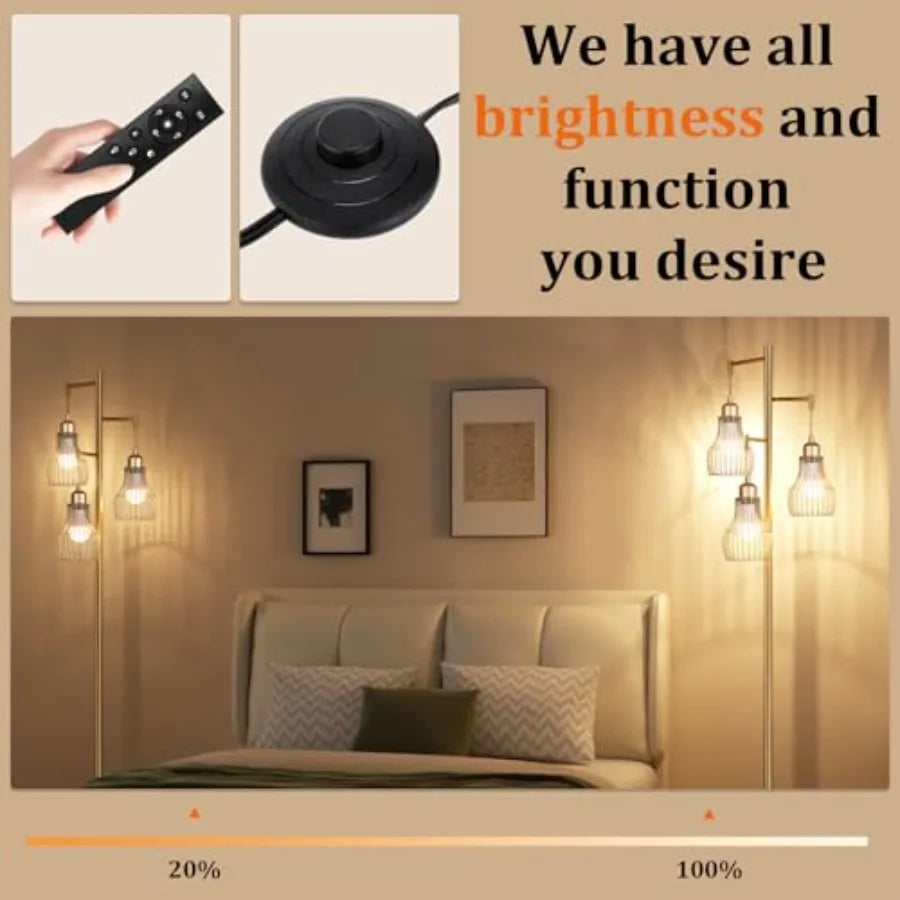 Dimmable Gold Floor Lamps for Living Room, Farmhouse Tree Standing Tall Lamp with Remote Control 3 Elegant Cage Shade LED Bulbs