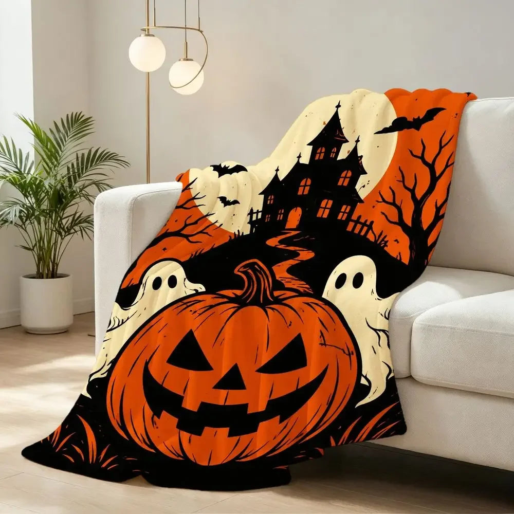 Halloween Throw Blanket Orange Black Pumpkin Ghost Haunted Mansion Moon Bats Cozy Soft Flannel Blanket for Sofa Living Room Travel Camping Gift for Fall Halloween Decor