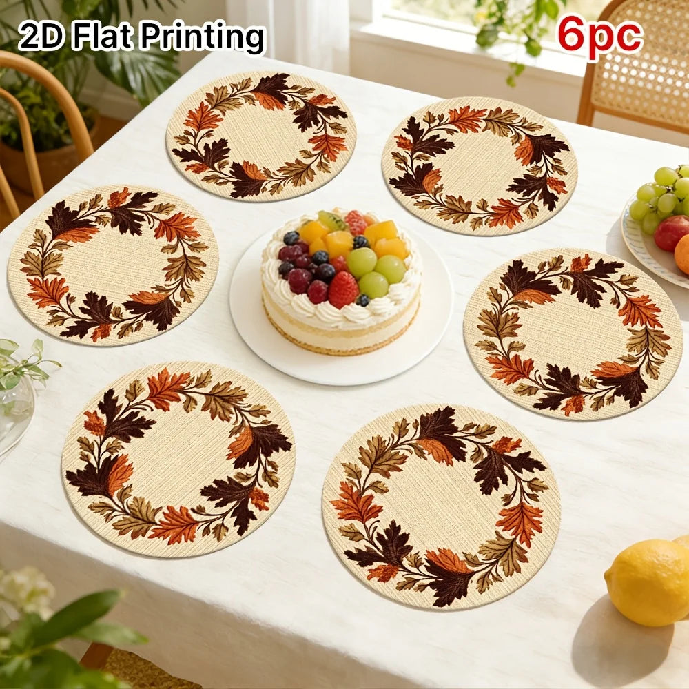Set of 6 Round Placemats with Wooden Autumn Leaf Wreath, Non-slip Design, Ideal for Minimalist Table Decor, Suitable for Hotels, Restaurants, Festivals, Parties or Family Gatherings