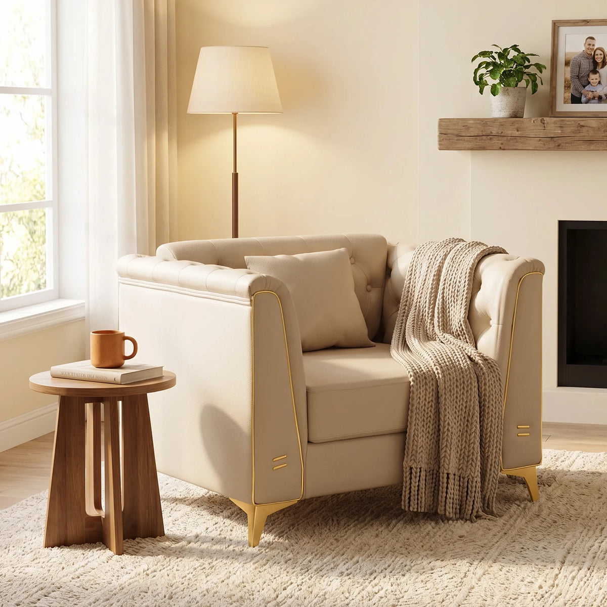 40.1" Light Luxury 1-Seater Chesterfield Style Sofa Faux Leather Upholstered Single Sofa Chair Armchair with Handmade Button Tufted Backrest Metal Trim Armrests & Slim Metal Legs Comfortable Thick Seat Cushion Accent Furnitur