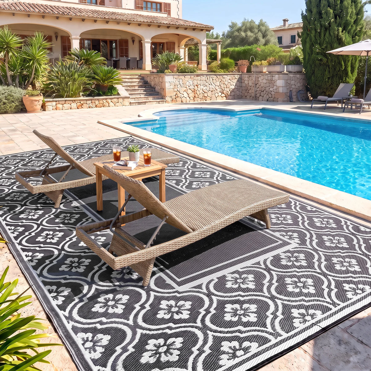 9' x 18' Outdoor Area Rug Black Gray Gourd Border Floor Mat Large Decorative Carpet for Patio Backyard Garden Poolside