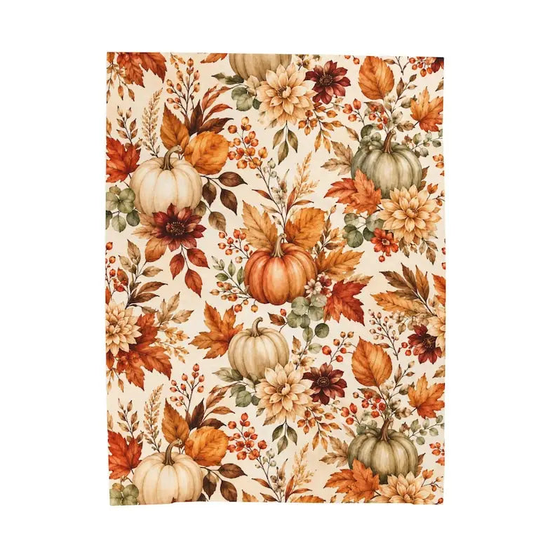 Autumn Pumpkins Floral Fall Leaves Velveteen Plush Blanket, Fall Home Livingroom, Bedroom Decor