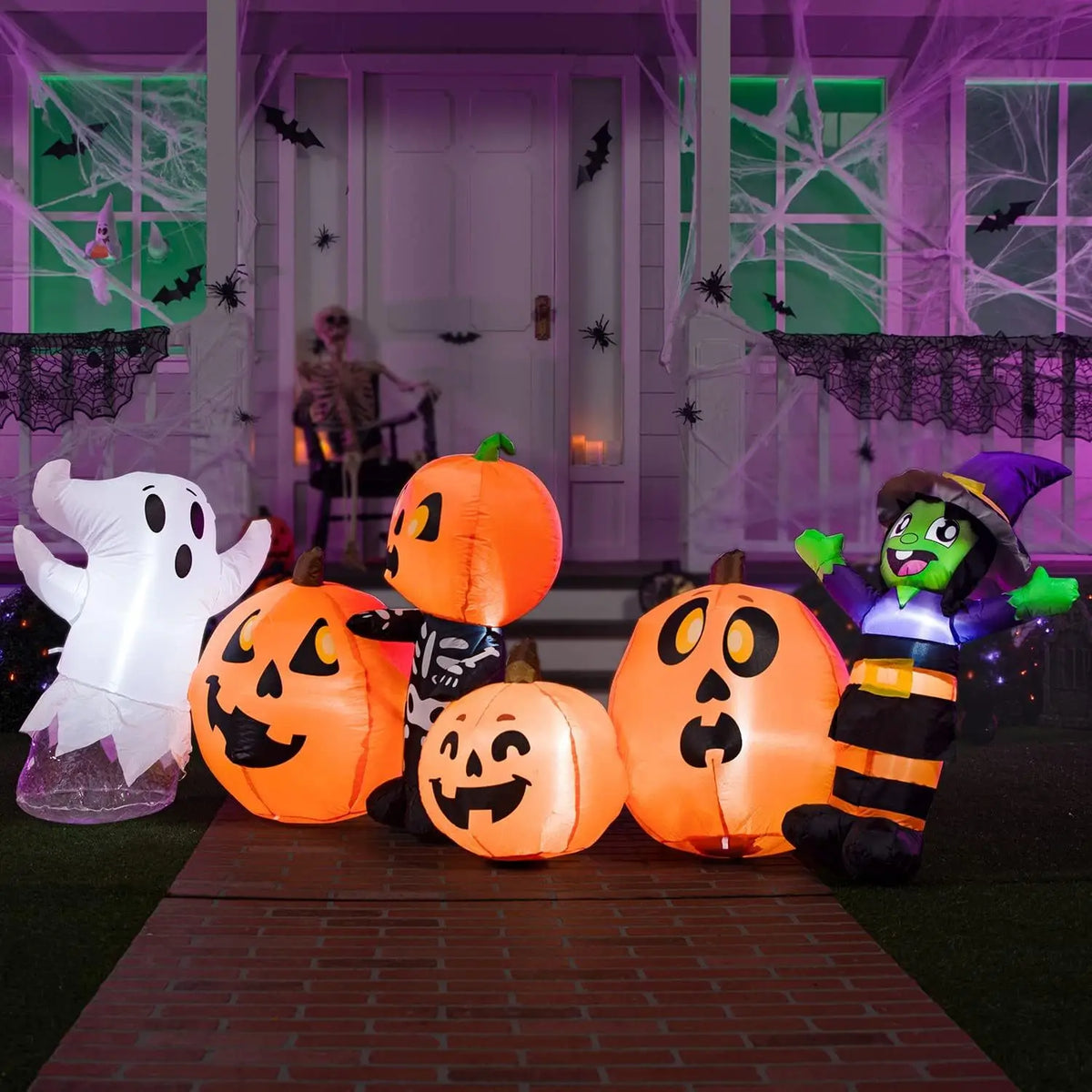 Halloween Inflatable 8 ft Long Three Halloween Characters and Pumpkin Patch Blow Up Inflatables with Build-in LEDs for Party Indoor Outdoor Yard Lawn Garden Decorations