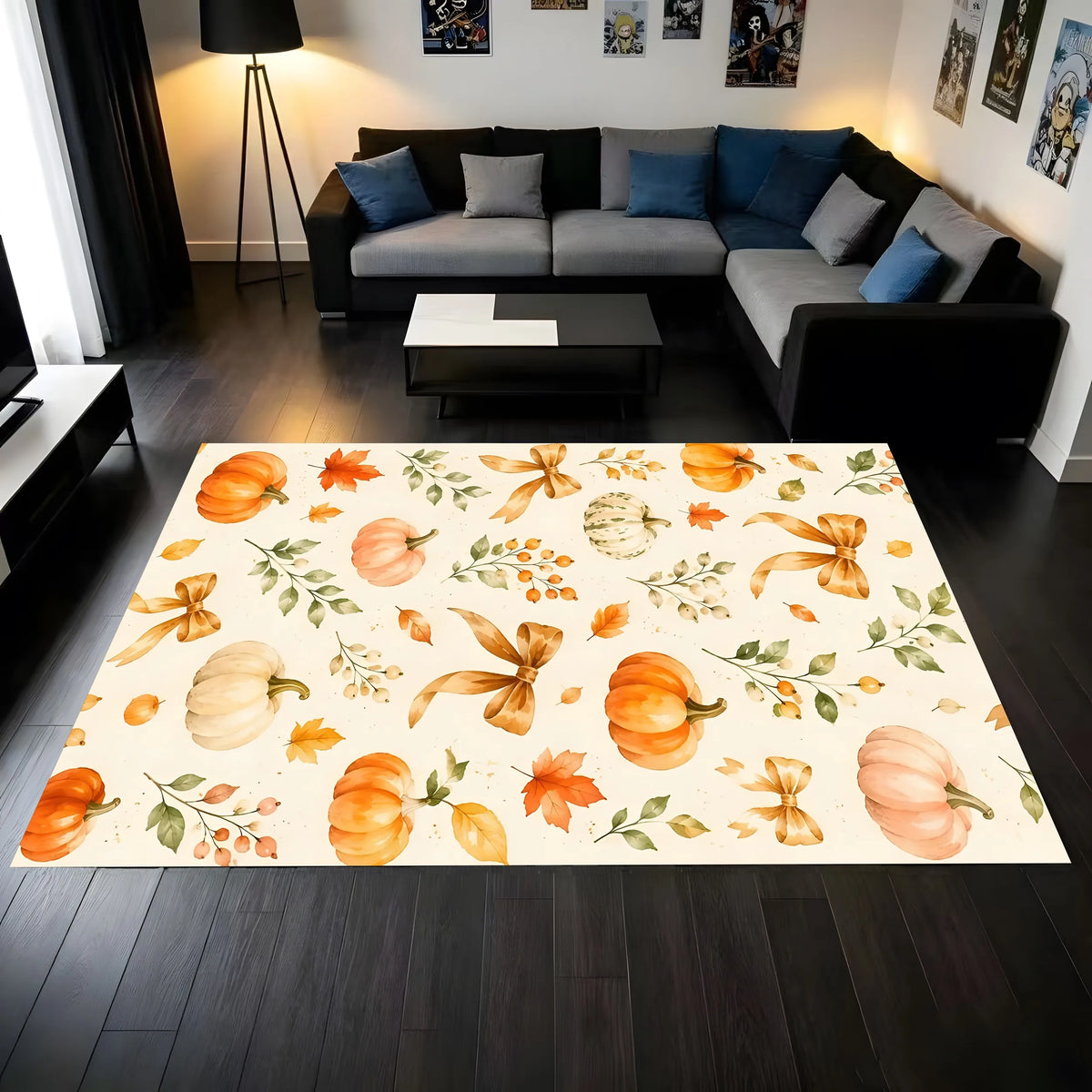 Halloween Carpet 2D Large Rug Pumpkin Bow Maple Leaf Print Retro Watercolor Style Warm Tones Soft Delicate Autumn Thanksgiving a