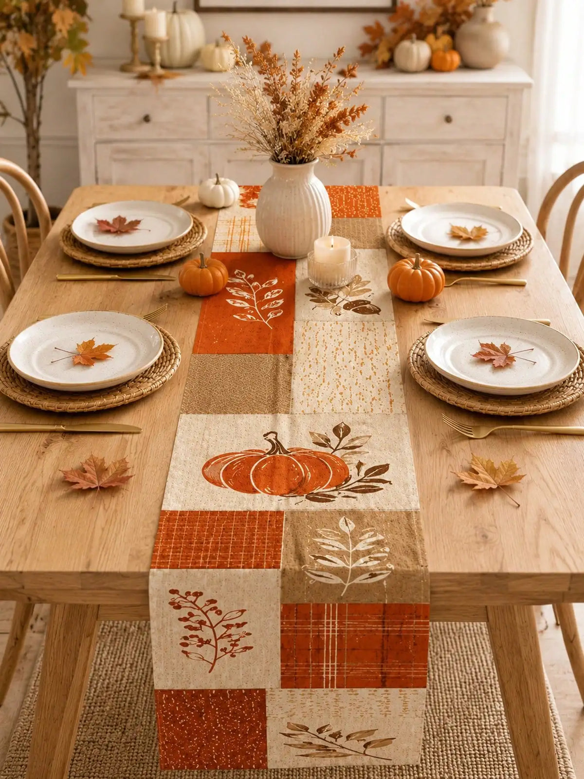 1pc-Fall Linen Table Runner, Patchwork Pumpkin Maple Leaf Table Decor, Rustic Farmhouse Autumn Dining Table Runner For Kitchen, Thanksgiving Harvest Holiday Decoration, Seasonal Centerpiece Cover For Everyday Use, Parties And