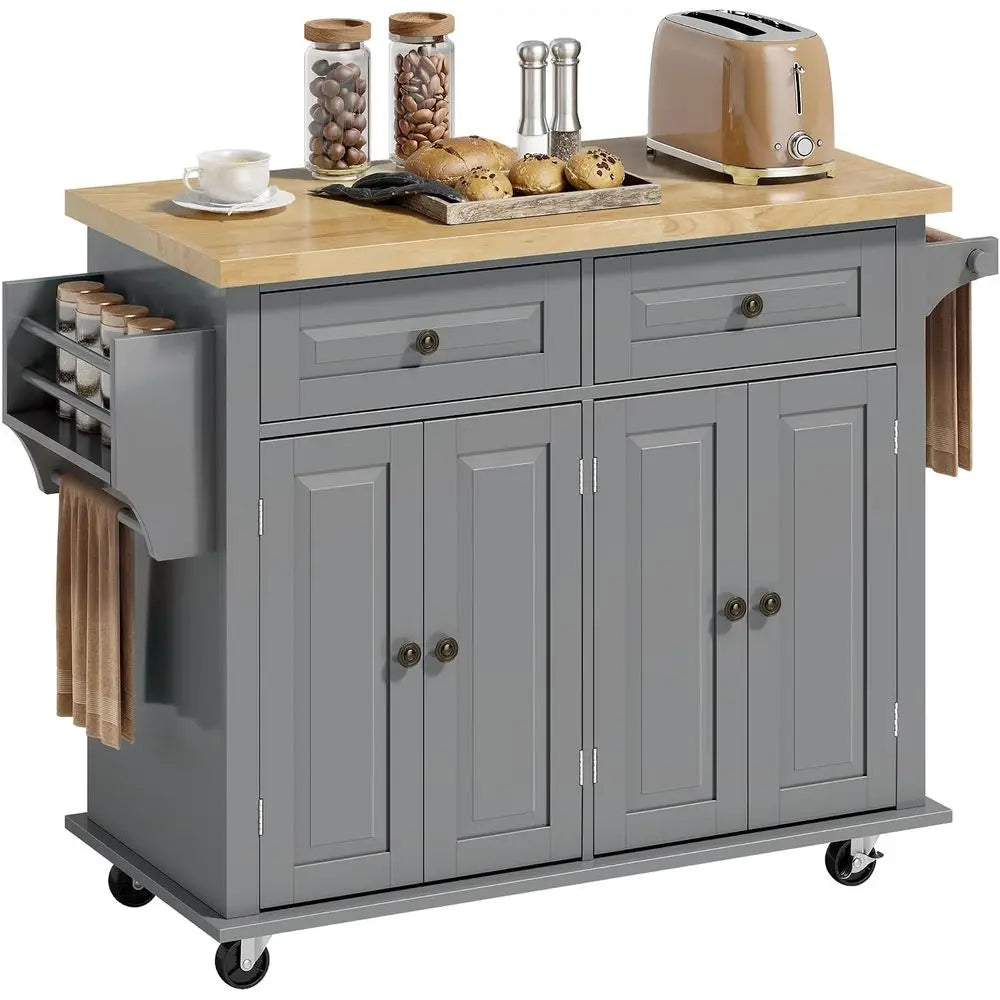 Kitchen Island Cart with Solid Wood Top, 44" Mobile Kitchen Island Table on Wheels with Storage Cabi, 2 Ders, Adjustable Shelves