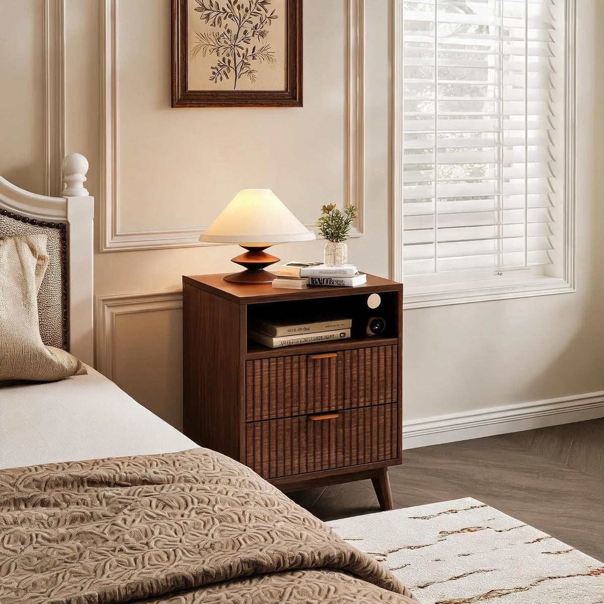 Walnut Nightstand with Drawer and Open Shelf USB Charging Station Bedside Table with AC Outlets Fluted Wood Side Table Storage Cabinet for Bedroom Living Room Sofa