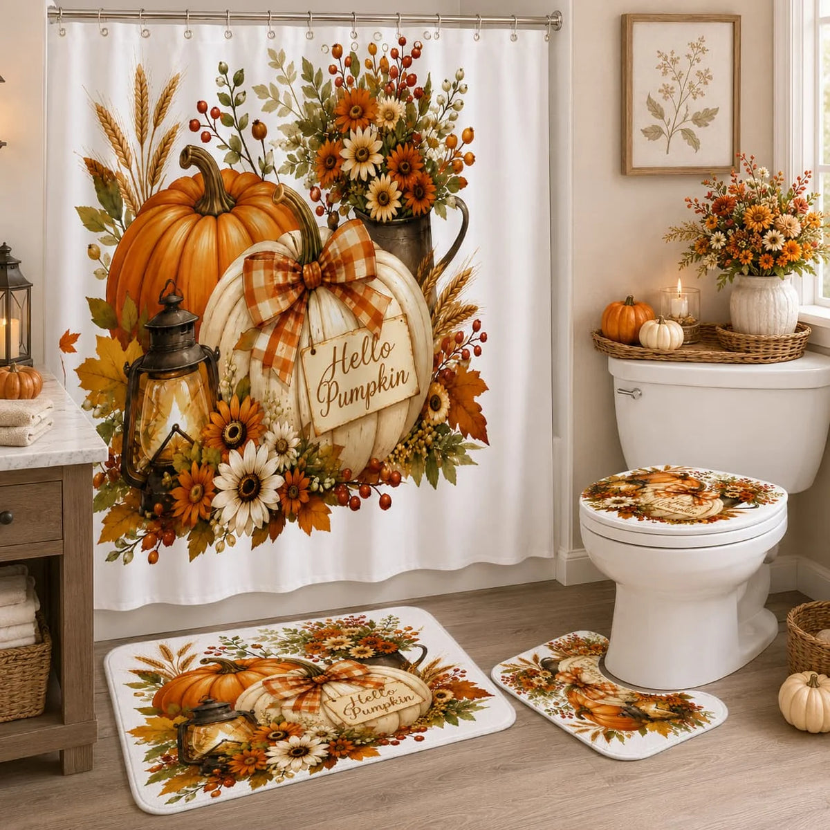 [Thanksgiving] 2D Flat, 2D Flat 4pcs Autumn Harvest Thanksgiving Pumpkin Shower Curtain Set for Bathroom Decoration (2 X 1 X Toilet Lid Cover 1 X Shower Curtain)