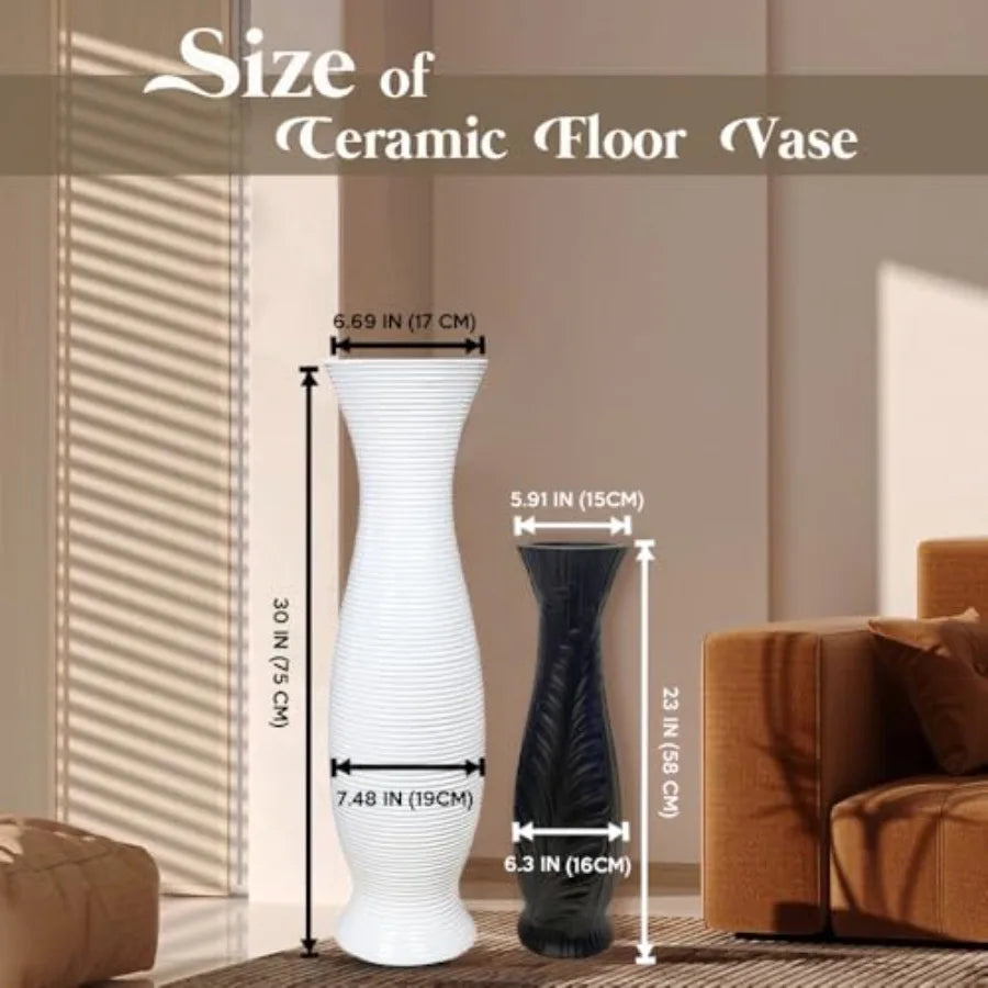 Tall White Floor Vase 30 inches for Living Room Decor Handmade Ceramic with Horizontal Stripes Wide Mouth Opening Corner Vase f
