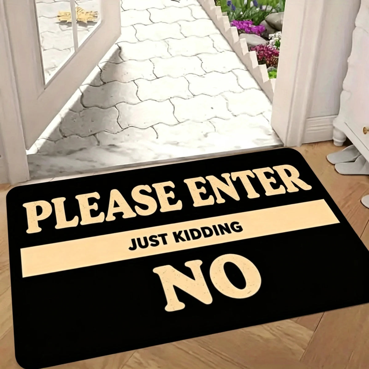 1 Fun Welcome Door Mat "Welcome Joke, Please Go Home" - Durable machine washable indoor and outdoor anti slip floor mat, rectangular door mat made of flannel material, bold text design, suitable for indoor/outdoor use