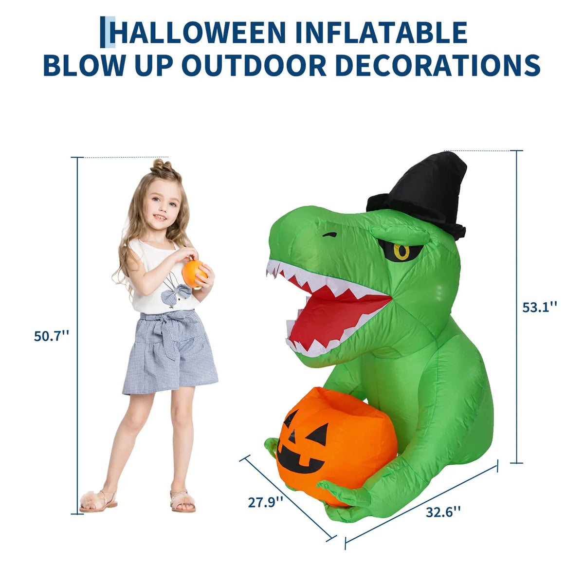 4.5ft Halloween Inflatable Dinosaur With Led Lights, Witch Hat Pumpkin Blow Up Outdoor Yard Lawn Car Trunk Or Treat Party Decor