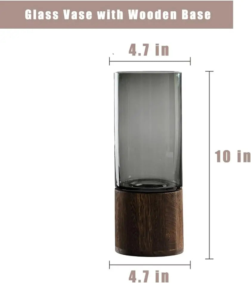 Modern Separable Cylinder Glass Vase, Smoke Grey Transparent Glass Vase with Natural Wood Stand, Minimalist Desktop Flower Arrangement Decor for Bedroom Office Entryway