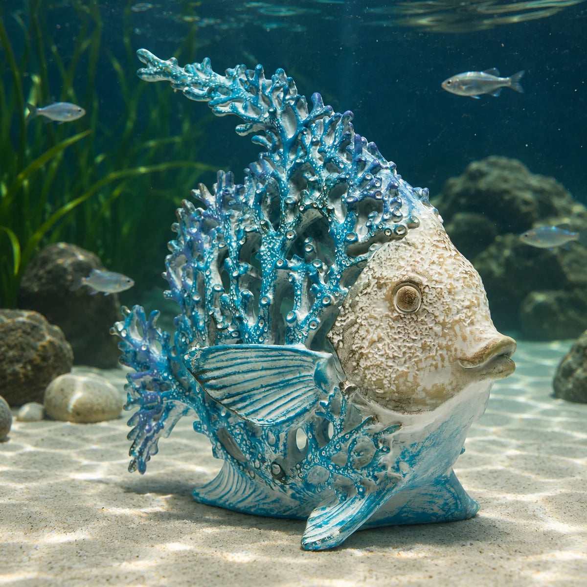 Hodao 7.75 Inch Resin Coral Reef Fish Figurine, Hand-Painted Blue and Ivory Angelfish Sculpture with Stone-Textured Finish, Coastal Ocean Sea Life Decor for Beach House, Living Room, Bathroom, Bookshelf, Tabletop, Office Desk