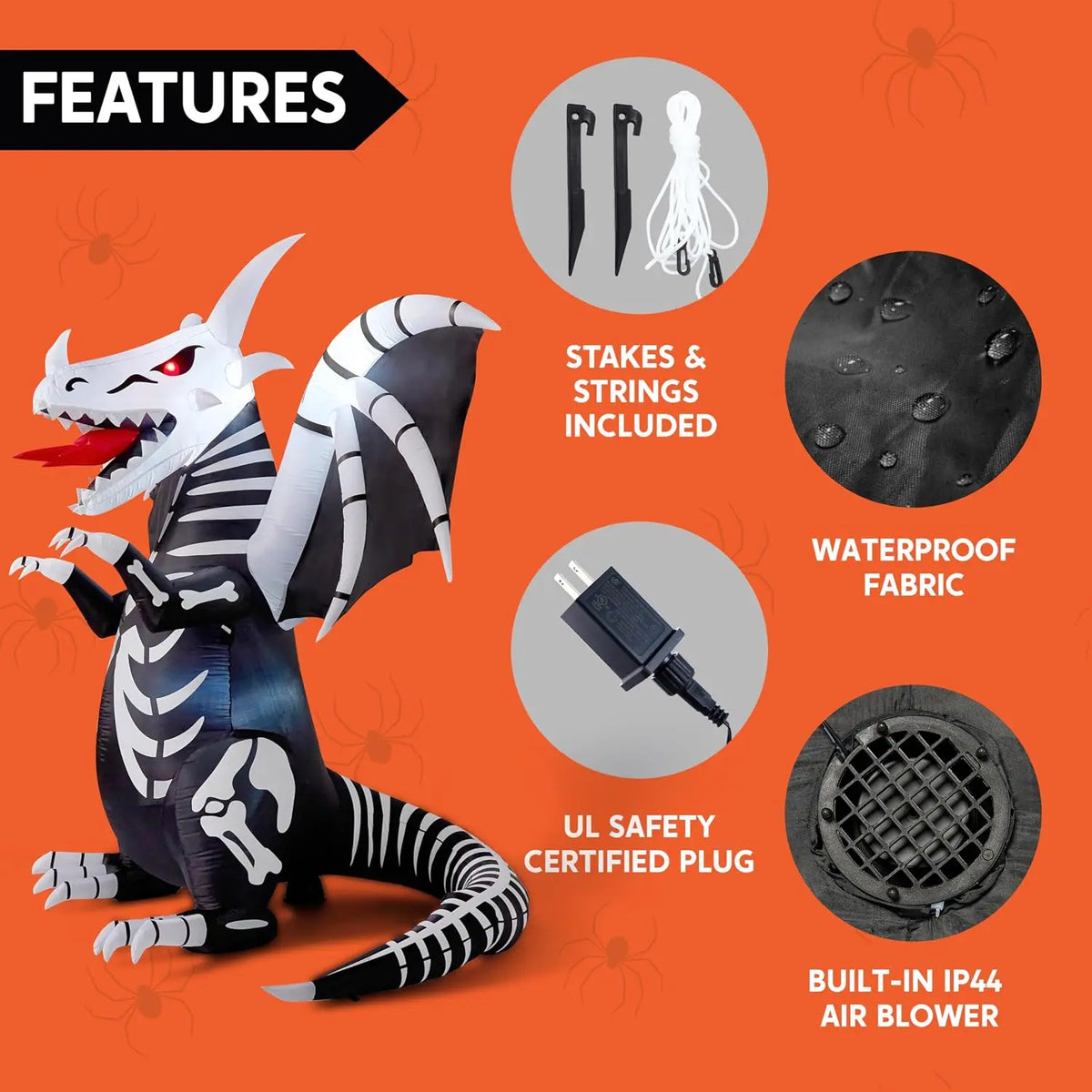 Halloween Inflatable Skeleton Dragon, 8 FT Tall Outdoor Blow-Up Yard Decoration with Red LED Eyes, Scary Halloween Decorations for Lawn and Garden, Inflatable Dragon Yard Display