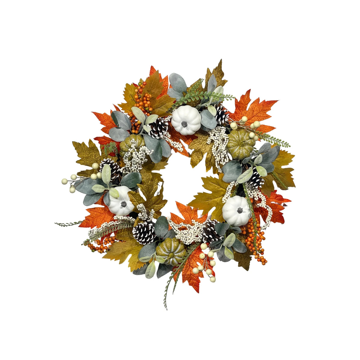 1pc Fall Artificial Pumpkin Wreath with Maple Leaves, Berries, Pinecones And Eucalyptus, Thanksgiving Halloween Home Door And Wall Decor