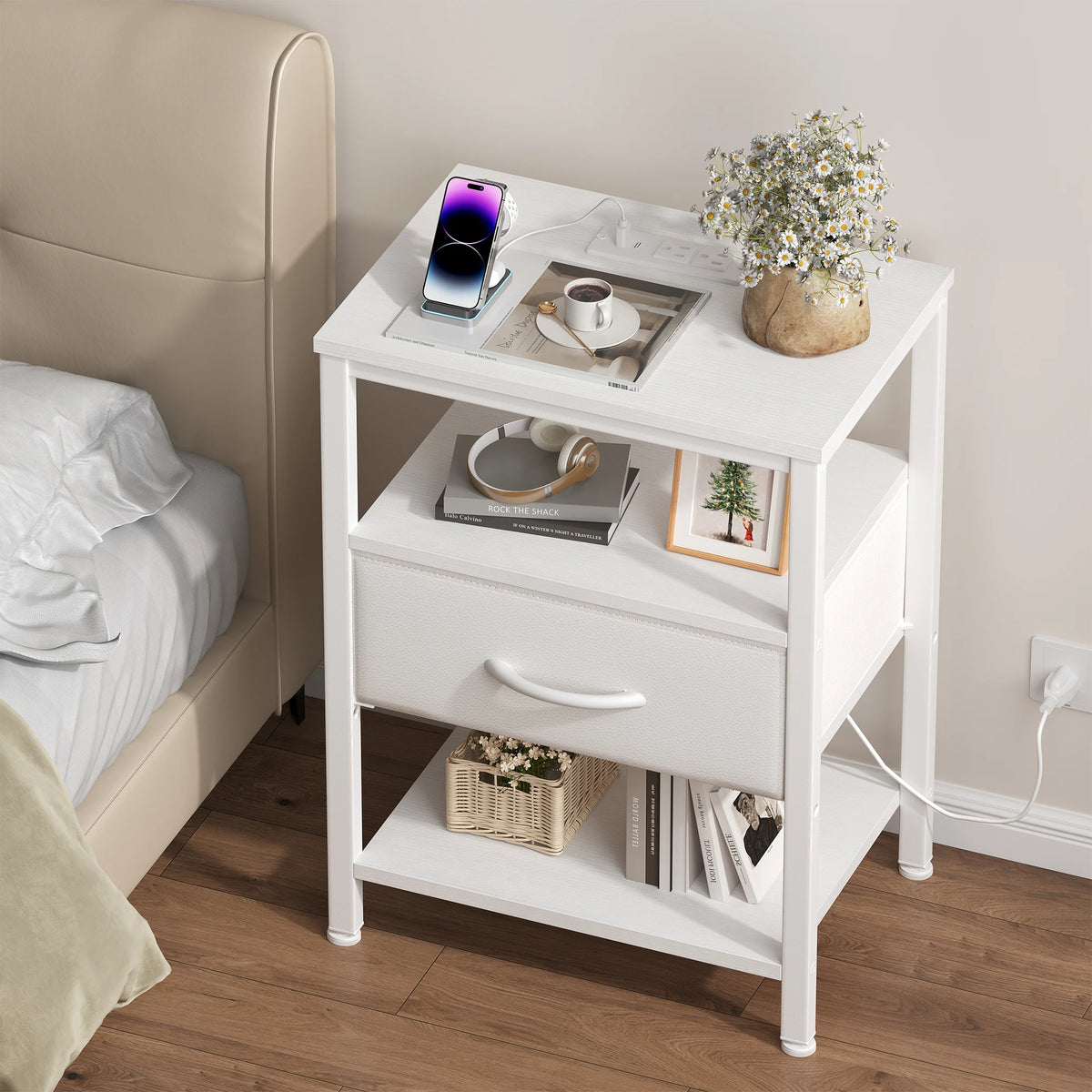 JHK 3-Tier Nightstand Set of 2 with Wireless Charging Station Bedside Tables with Adjustable Fabric Drawers Storage Open Shelf