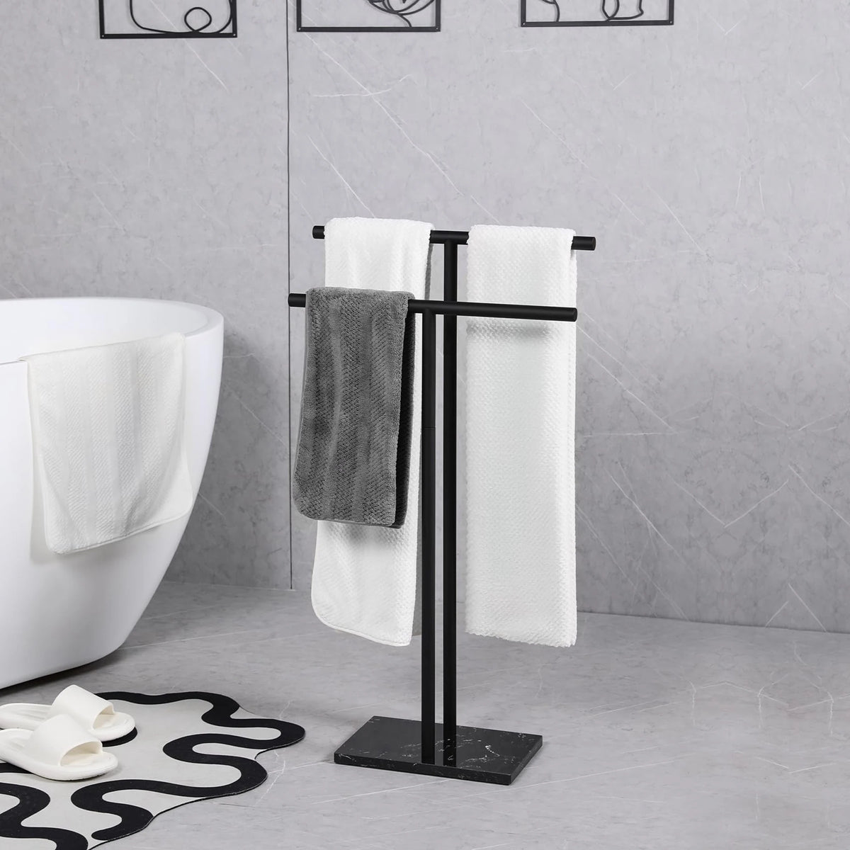 Freestanding Double T Towel Rack with Marble Base