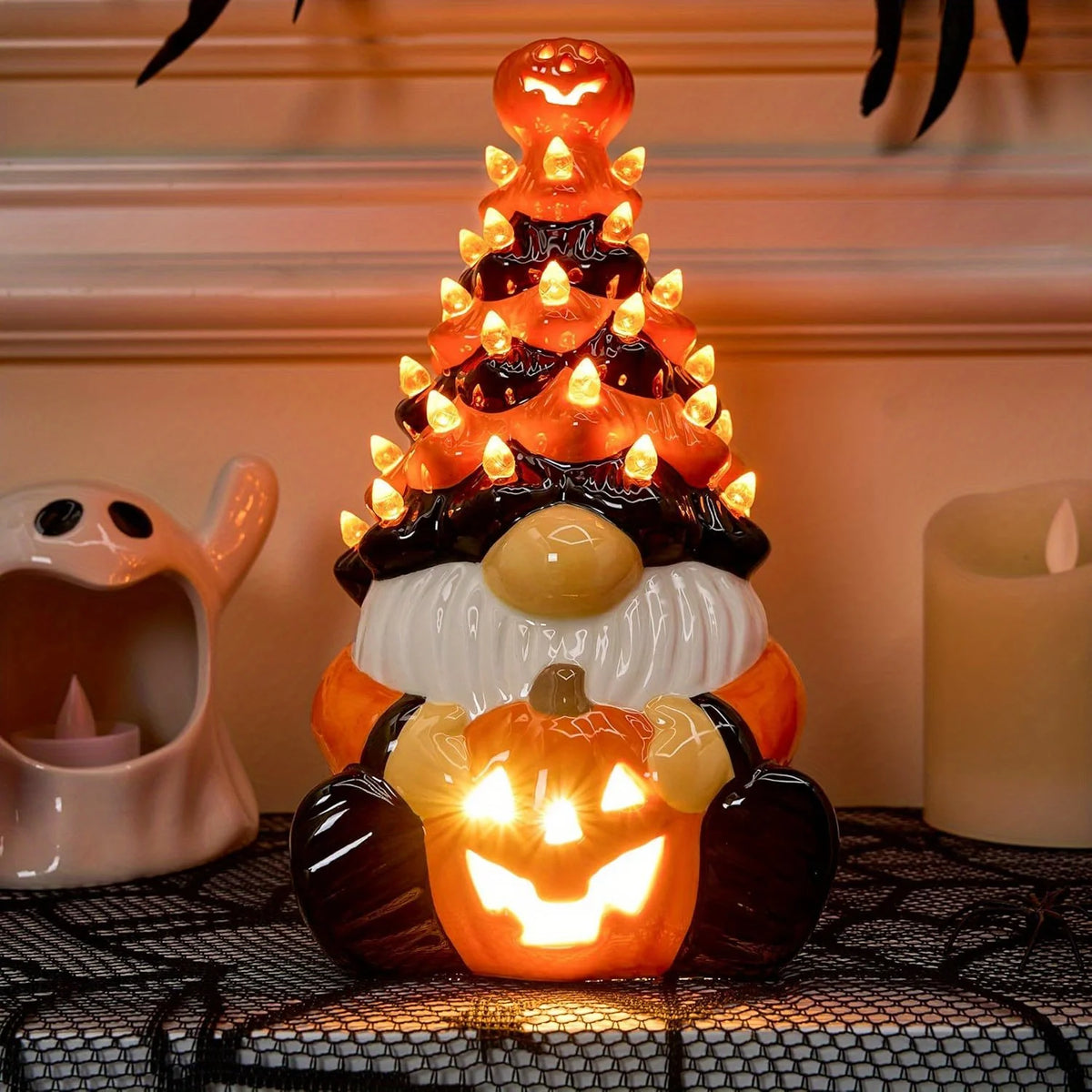 8.5inch Pumpkin Gnome Ceramic Tree Halloween Decoration with Build-in LEDs Tabletop Decor for Halloween Indoor Party Supplies Decoration, Battery Operated, Home Party Decors