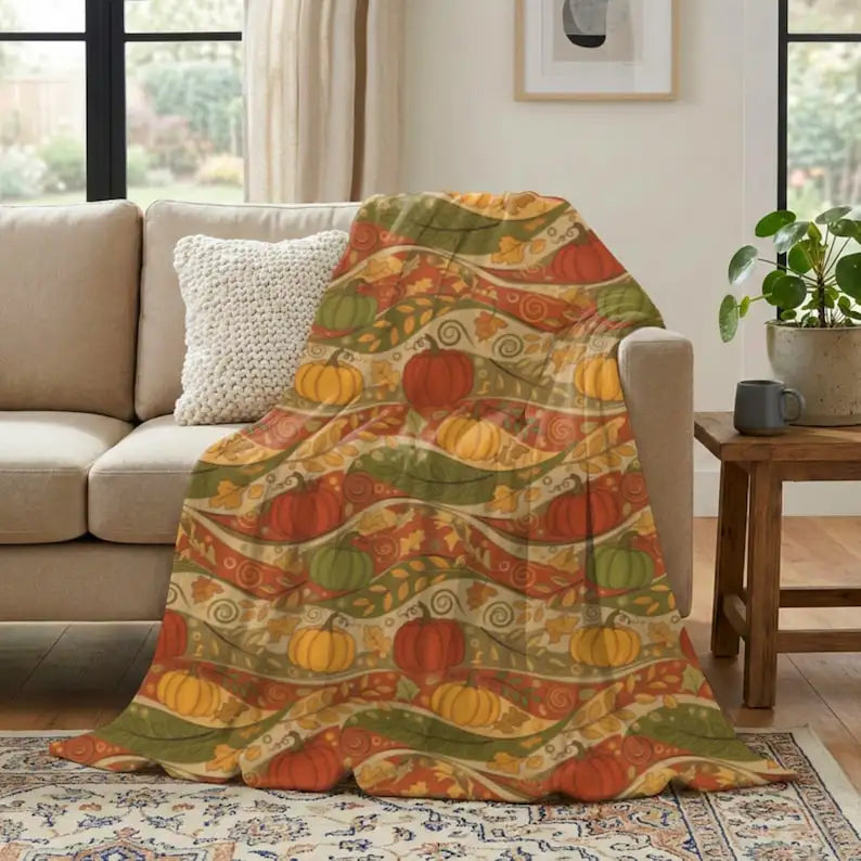 Autumn Harvest Blanket, Pumpkin Wave Throw, Fall Farmhouse Bedding, Orange Pumpkin Throw, Autumn Wave Blanket, Harvest Season Gift
