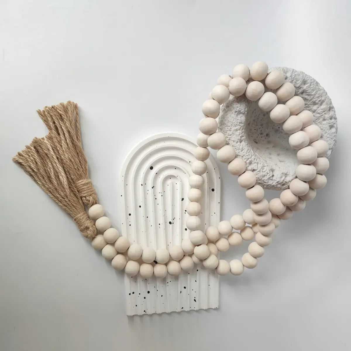 Farmhouse Beads Wood Bead Boho Tassel Garland - Rustic Design Country Boho Chic Decor for Wall, Above Cabinet & Table