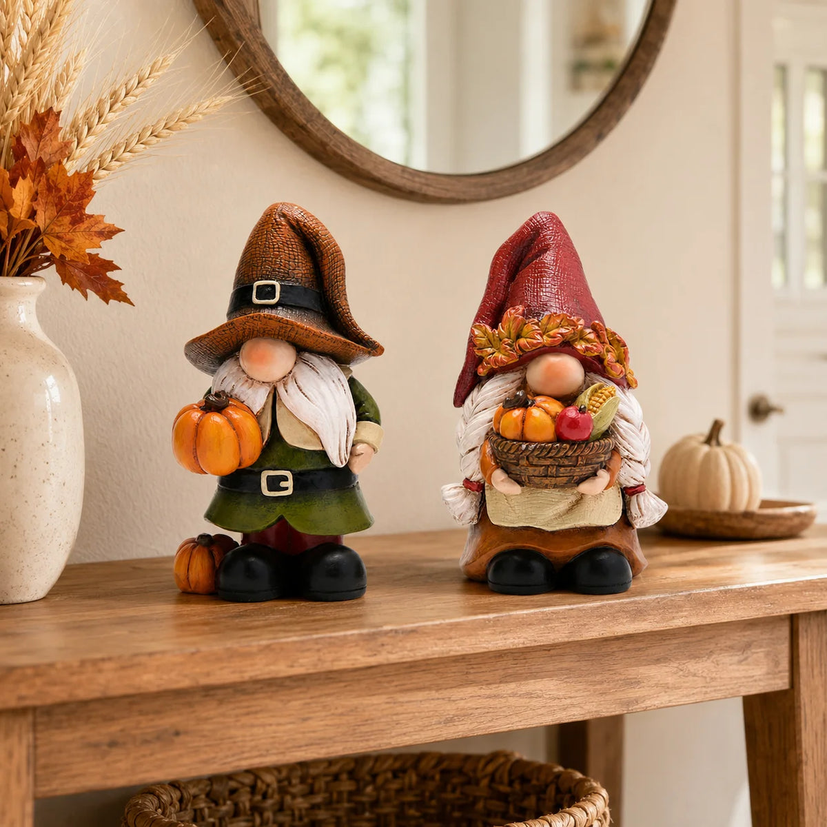 Hodao Resin Fall Gnome Figurine Set, 2-Piece Thanksgiving Gnome Figure Model with Pumpkin, Harvest Basket, Autumn Leaves and White Beard, Collectible Tabletop Shelf Sitter Decor for Fireplace Mantel Tiered Tray Home Display,