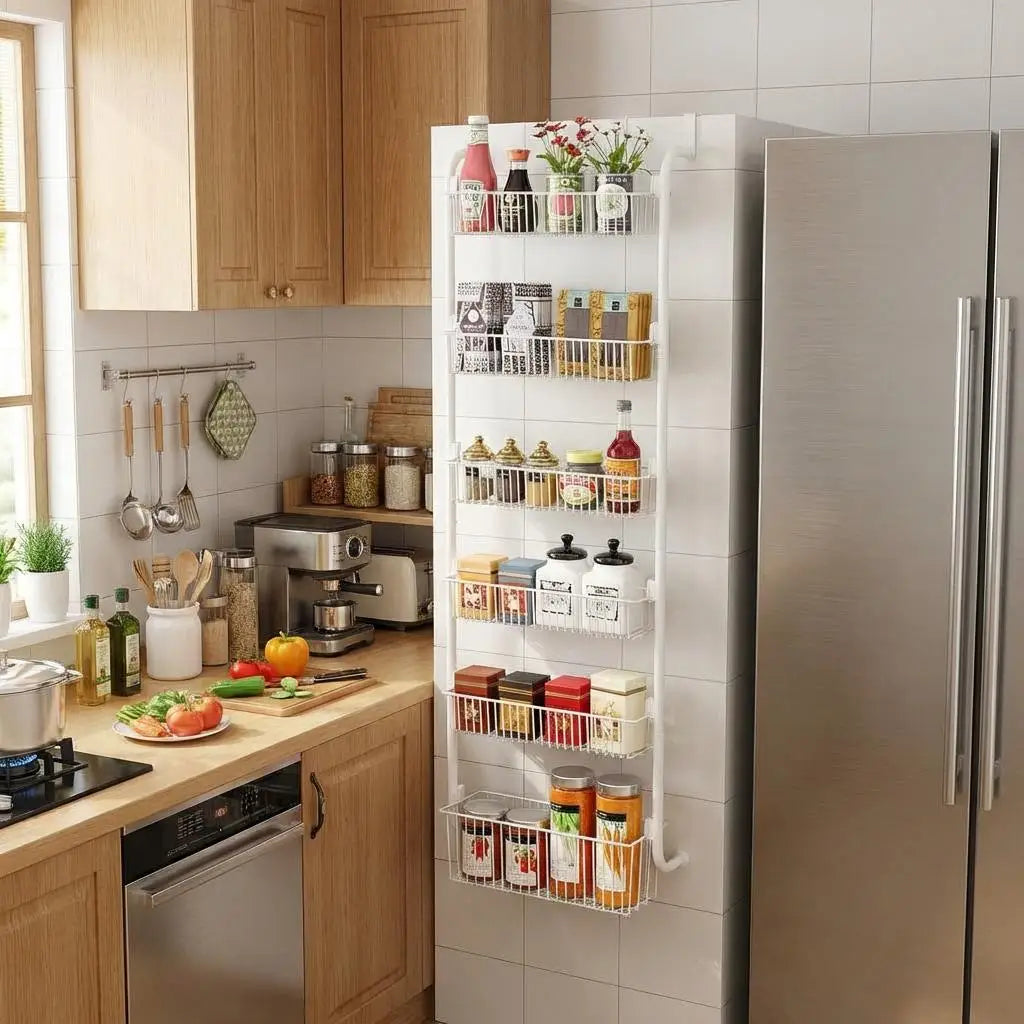 6 Tier Over the Door Pantry Organizer, Heavy Duty Metal Hanging Kitchen Storage Rack, Door Mount Spice Rack for Pantry Door Kitchen Bathroom