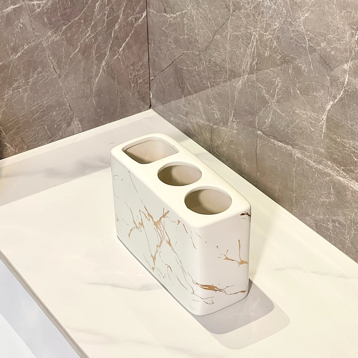 Ceramic Toothbrush Holder with Golden Marble End - 3-Slot Textured Bathroom Organizer, Rustproof Base for Countertop, Toothpaste And Brushes Storage Set