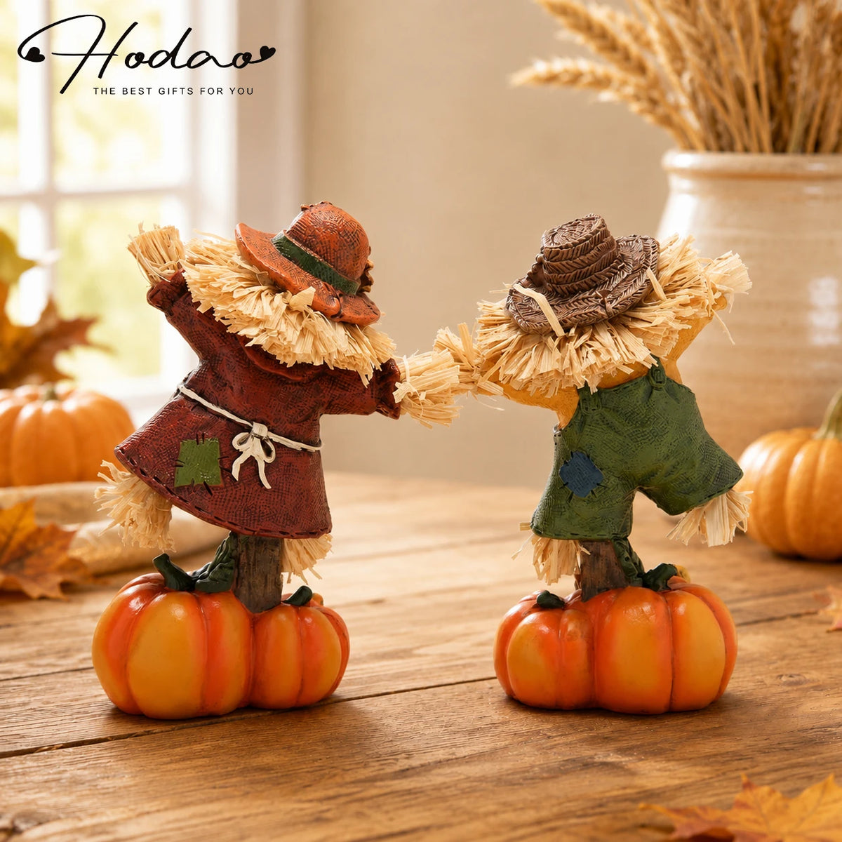 Hodao Set of 2 Fall Harvest Scarecrow Figurines, Resin Thanksgiving Pumpkin Decor, Hand-Painted Dancing Farmer Couple Statue with Cute Sunflower Accents, Fall Collectible Ornament, Seasonal Holiday Gift for Indoor, Patio, and