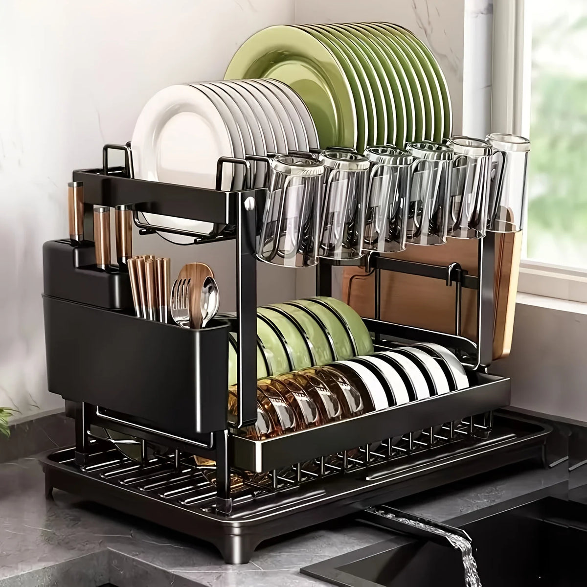 Large-Capacity Double-Layer Kitchen Storage Rack-Metal Dishes with Drainage Function and Tableware Stand, Suitable for Bowls, Cups, Cutting Boards-No Assembly Required