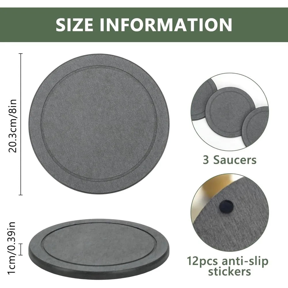 3Pcs/Set Diatomaceous Earth Plant Saucer Set, 3 Pack, Gray, 6 or 8 Inch Diameter, Indoor Outdoor Planter Drip Tray with Non-Slip Pads