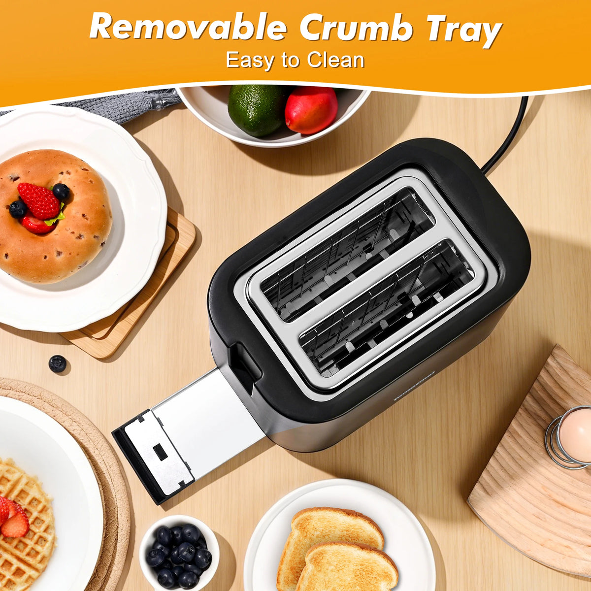 TomaChef  compact electric toaster 700W, with 7 heating Settings and a detachable breadcrumb tray, is perfect for toasting bread, bagels and waffles