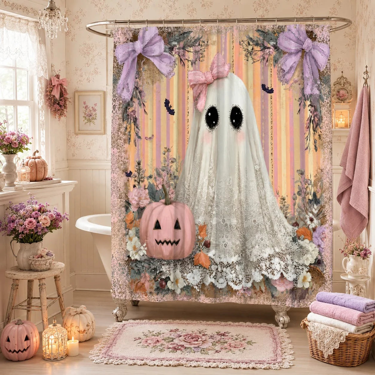 2D Flat, 1pc 2D Flat Halloween Ghost Shower Curtain Cute Lace Ghost with Pink Bow And Pumpkin Floral Theme Bathroom Decor Polyester Fabric Bath Hanging Curtain