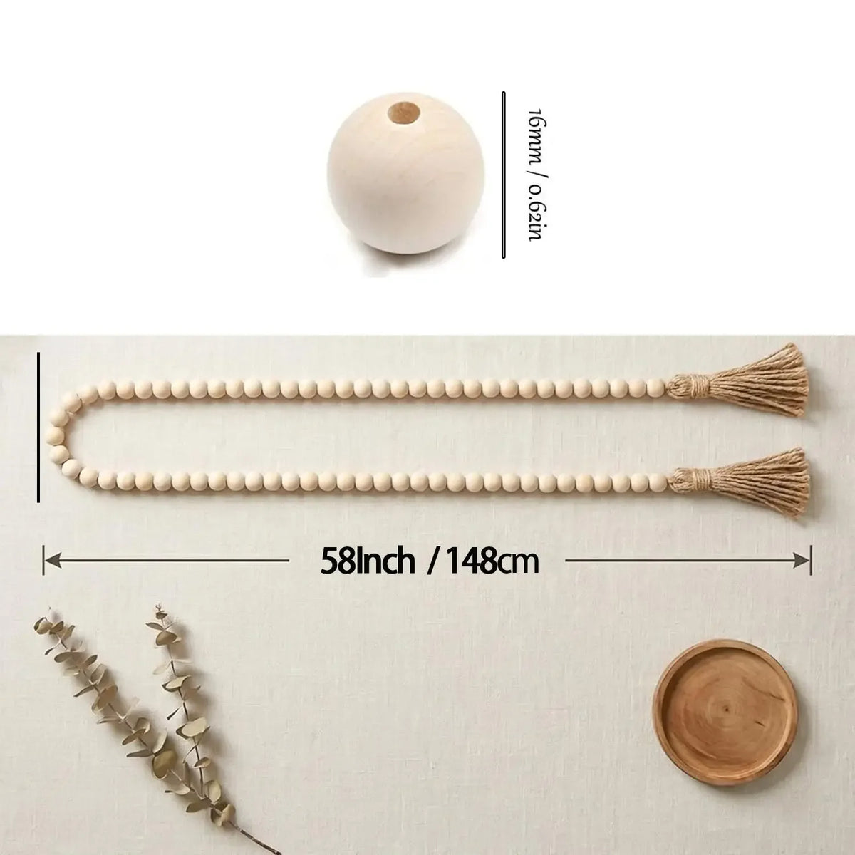 Farmhouse Beads Wood Bead Boho Tassel Garland - Rustic Design Country Boho Chic Decor for Wall, Above Cabinet & Table