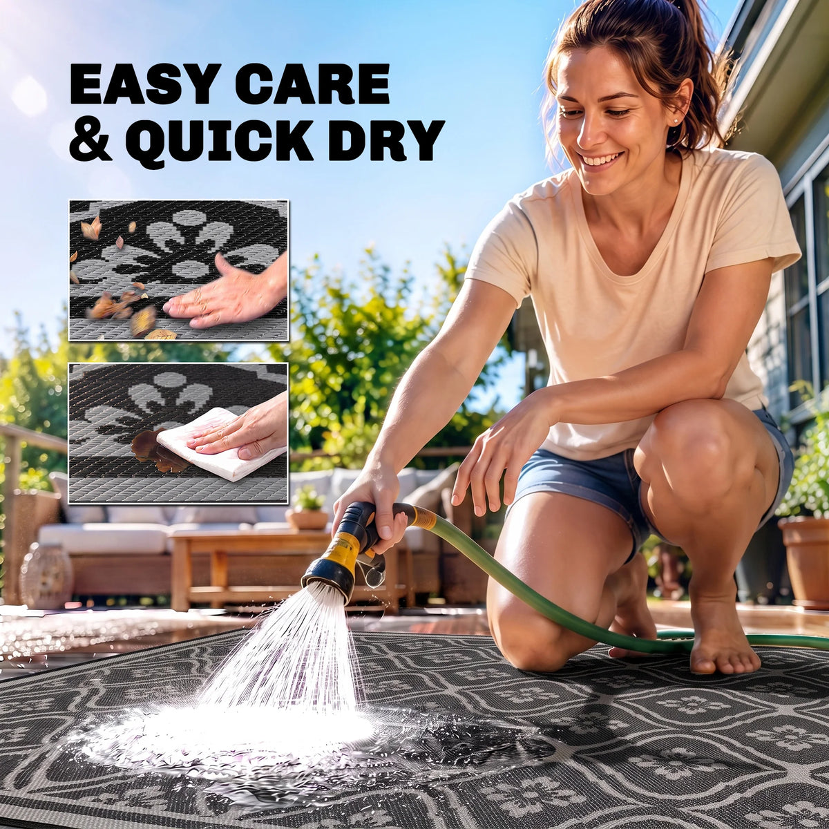 9' x 18' Outdoor Area Rug Black Gray Gourd Border Floor Mat Large Decorative Carpet for Patio Backyard Garden Poolside