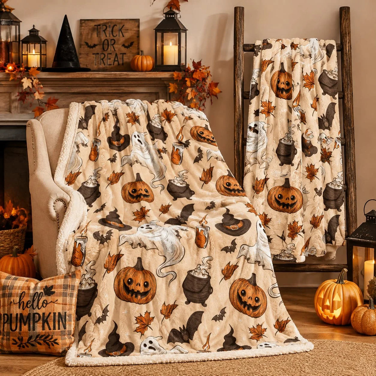 1pc Spooky Pumpkin & Ghosts Plaid Flannel Throw Blanket - Soft Polyester, All-Season Decorative Throw for Bedroom & Living Room, Machine Washable, Perfect Gift for Halloween, Birthdays, and Home Decor, Halloween Decorations