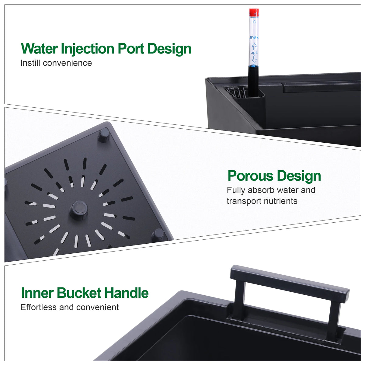 Tall Planters Set of 2, Outdoor＆Indoor Black Planter Pots, High Front Porch Planter Pots With Drainage Holes＆Water Level Monitor＆Inner Bucket, Automatic Watering