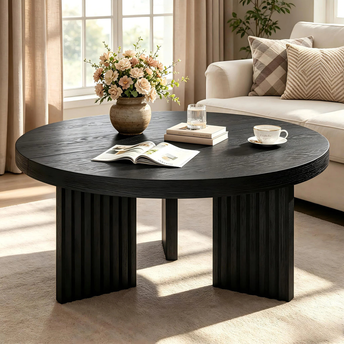 HiMISS Round Coffee Table With Fluted Legs For Living Room
