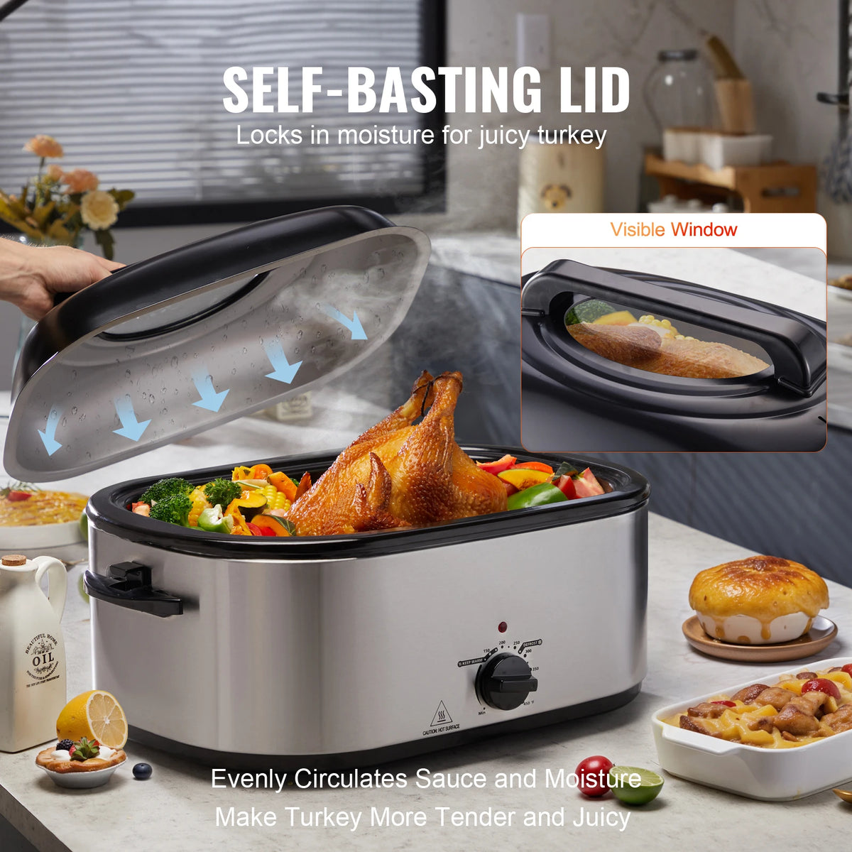 SucceBuy Electric Roaster Oven 24 QT Turkey Roaster Oven with Self-Basting Lid 1450W Roaster Oven Defrost&Warm Function Silver